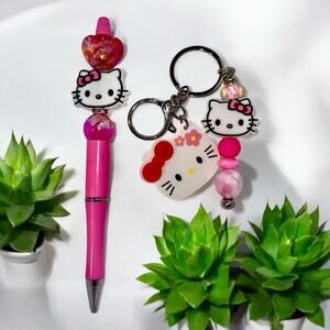 Hello Kitty Handmade Beaded Ballpoint Pen & Matching Keychain